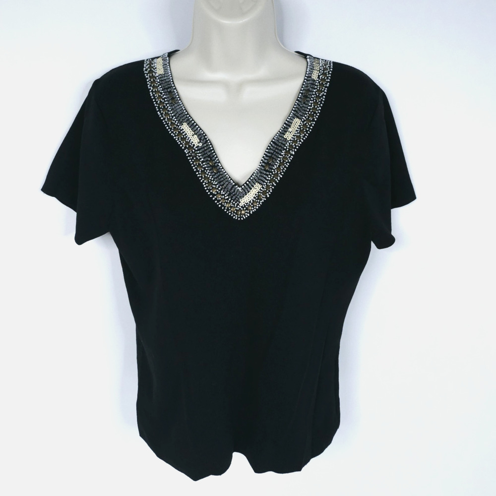 Cable & Gauge Womens Blouse Shirt XL Black Beaded V Neck Short Sleeve Stretch